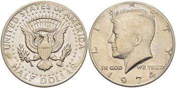 США 1/2 доллара (50 центов) 1974 Джон Кеннеди KM 202b медь плакированная медно-никелем 38-515