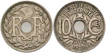 Франция 10 сантимов 1935 тип LINDAUER KM 866а, Le Franc 128.22 медно-никель 4575-335