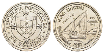 Португалия 100 эскудо 1987 Золотой век открытий - Нуну Триштан KM 640 медно-никель 4542-742