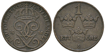 Швеция 1 эре 1913 Густав V (1907-1950) KM 777.2 бронза 4611-342