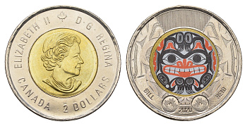Канада 2 доллара 2020 100 лет со дня рождения Билла Рида, Цветное покрытие KM  2925.1 биметалл UNC 106-144
