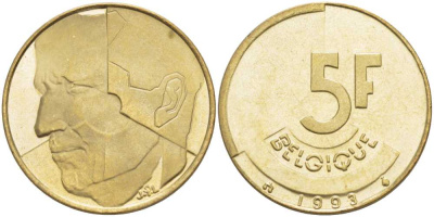 БЕЛЬГИЯ 5 ФРАНКОВ 1993 BELGIQUE, БОДУЭН I (1951-1993) KM 163 латунь или алюминиевая бронза 4364-4417