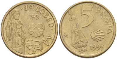 ИСПАНИЯ 5 ПЕСЕТ 1993 СВЯТОЙ ЯКОБ(JACOBEO) , ХУАН КАРЛОС I ( 1975-) KM 9 19 никель латунь 4181-1117