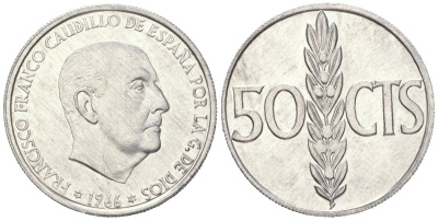 Испания 50 сентимо 1966 (74) Франсиско Франко (1939-1975) KM 795 алюминий UNC 261-652