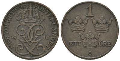 Швеция 1 эре 1913 Густав V (1907-1950) KM 777.2 бронза 4611-342