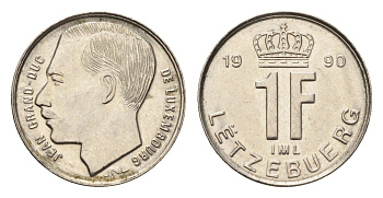 Люксембург 1 франк 1990 Герцог Жан (1964-1999) KM 63 сталь плакированная никелем 4702-218
