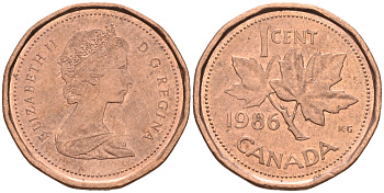 Канада 1 цент 1986 Елизавета II (1952-2022), кленовый лист KM 132 бронза 4147-316