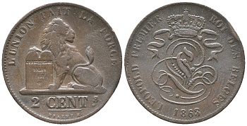 БЕЛЬГИЯ 2 САНТИМА 1863 BELGES KM 4.2 медь 34-335