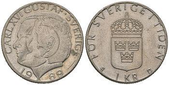 Швеция 1 крона 1989 Карл XVI Густав (1973- ) KM 852a медно-никель 4620-416