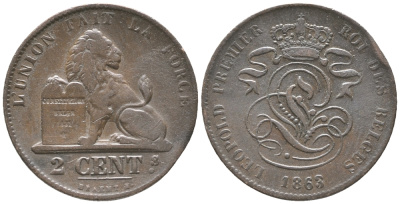 БЕЛЬГИЯ 2 САНТИМА 1863 BELGES KM 4.2 медь 34-335