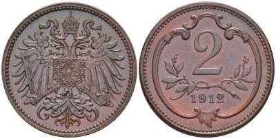 АВСТРИЯ 2 ГЕЛЛЕРА 1912 ФРАНЦ ИОСИФ (1846-1918) KM 2801 бронза 201-334