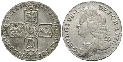 Великобритания 6 пенсов 1758 Георг II (1727-1760) KM 582.2, Spink 3711 серебро XF- 1518-344