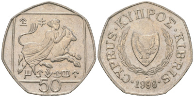 Кипр 50 центов 1998 похищение Европы KM 66 медно-никель 4616-925