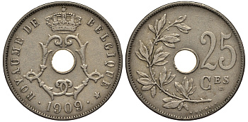 БЕЛЬГИЯ 25 САНТИМОВ 1909 1908 BELGIQUE KM 62 медно-никель 4127-1313