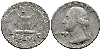 США 25 центов (квотер) 1973 D, Вашингтон KM 164а медь плакированная медно-никелем 57-623