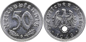 Германия 50 рейхспфеннигов 1940 G J. 372, KM 96 алюминий UNC 00-000-00