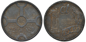 Нидерланды 1 цент 1942 Вильгельмина (1895-1948) KM 170 цинк 4124-552