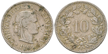Швейцария 10 раппенов 1884 B KM 27 медно-никель 4164-411