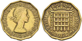 Великобритания 3 пенса 1964 Елизавета II (1952-2022) KM 900, Spink 4153 никель латунь 4589-825