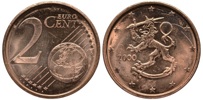 ФИНЛЯНДИЯ 2 ЕВРОЦЕНТА 2000 KM 99 сталь плакированная медью UNC 4181-444