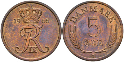 Дания 5 эре 1966 C; S, Фредерик IX (1947-1972) KM 848.1 бронза UNC 4601-846