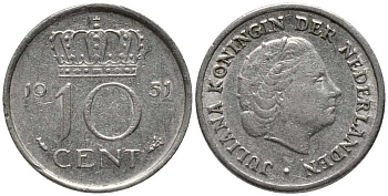 Нидерланды 10 центов 1951 Юлиана (1949-1980) KM 182 никель 112-735