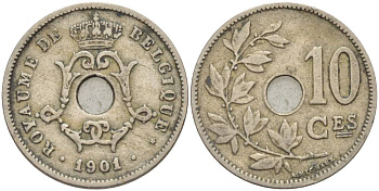 Бельгия 10 сантимов 1901 Belgique, Леопольд I (1865-1909) KM 48 медно-никель     4544-1213