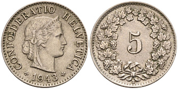 Швейцария 5 раппенов 1943 В KM 26 медно-никель 4594-613