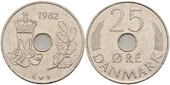 ДАНИЯ 25 ЭРЕ 1982 R; B, МАРГРЕТЕ II (1972-) KM 861.3 медно-никель 4566-545