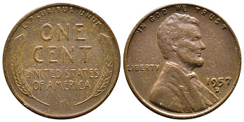 США 1 ЦЕНТ 1957 D ЛИНКОЛЬН KM A132 медь цинк 4364-735