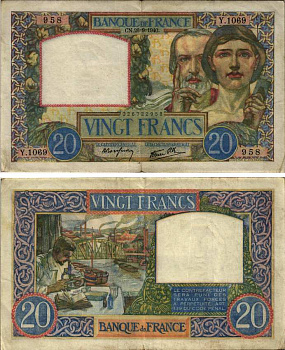 ФРАНЦИЯ 20 ФРАНКОВ 1940 26 СЕНТЯБРЯ 1940 Pick 92а бумага VF-XF 8607-67-2