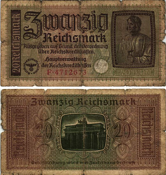 ГЕРМАНИЯ 20 РЕЙХСМАРОК 1940-1945 ДЛЯ ОККУПИРОВАНЫХ ТЕРРИТОРИЙ, ВТОРАЯ МИРОВАЯ ВОЙНА, СЕРИЯ F Pick R139, Розенберг 192 бумага VG 8615-2-2-1