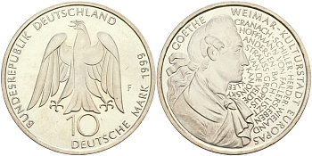 ФРГ 10 марок 1999 F, 250 лет со дня рождения Иоганна Гете KM 197 серебро UNC 04-137-22