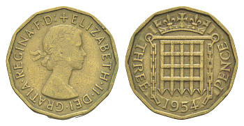 Великобритания 3 пенса 1954 Елизавета II (1952-2022) KM 900, Spink 4153 никель латунь 4643-463