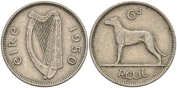 Ирландия 6 пенсов 1950 ирландский волкодав KM 13a медно-никель 4146-442