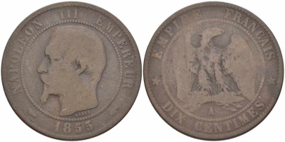 ФРАНЦИЯ 10 САНТИМОВ 1855 A, НАПОЛЕОН III (1852-1870) KM 771.1, LE FRANC 133.18 бронза 38-1116