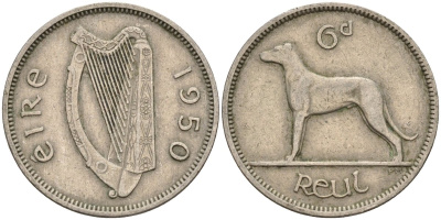 Ирландия 6 пенсов 1950 ирландский волкодав KM 13a медно-никель 4146-442