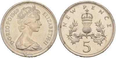 Великобритания 5 пенсов 1968 Елизавета II (1952-2022), в лаке KM 911, Spink 4233 (D1) медно-никель 92-633
