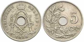 БЕЛЬГИЯ 5 САНТИМОВ 1928 BELGIE KM 67 медно-никель 112-246