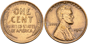 США 1 цент 1944 Линкольн KM А132 медь цинк    4115-269