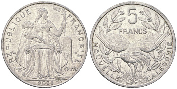 Французская Новая Каледония 5 франков 2008 птица кагу, (IEOM) KM 16, Schoen 12, Lec 81k алюминий 221-643