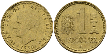 Испания 1 песета 1980 (80) чемпионат мира по футболу 1982 года в Испании, Хуан Карлос I (1975 - 2014) KM 816 алюминиевая бронза 4604-254