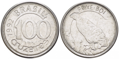 БРАЗИЛИЯ 100 КРУЗЕЙРО 1992 РЕФОРМА 1990-1993, ЛАМАНТИН KM 623 нержавеющая сталь 4392-748
