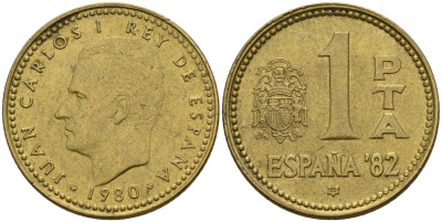 Испания 1 песета 1980 (80) чемпионат мира по футболу 1982 года в Испании, Хуан Карлос I (1975 - 2014) KM 816 алюминиевая бронза 4604-254