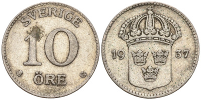 Швеция 10 эре 1937 G, Густав V (1907-1950) KM 780 серебро 4147-841