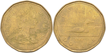 Канада 1 доллар 1987 утка, Елизавета II KM 157 никель плакированный алюминиевой бронзой 63-442