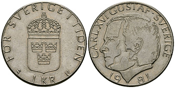 Швеция 1 крона 1981 Карл XVI Густав (1973- ) KM 852 медь плакированная медно-никелем 4176-557