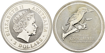 Австралия 2 доллара 2003 кукабара на ветке, Елизавета II (1952-2022) KM 879 серебро  BUNC  1073-3-23