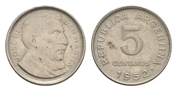 Аргентина 5 сентаво 1952 KM 46 медно-никель 4636-269