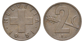 Швейцария 2 раппена 1951 B KM 47 бронза 4532-431